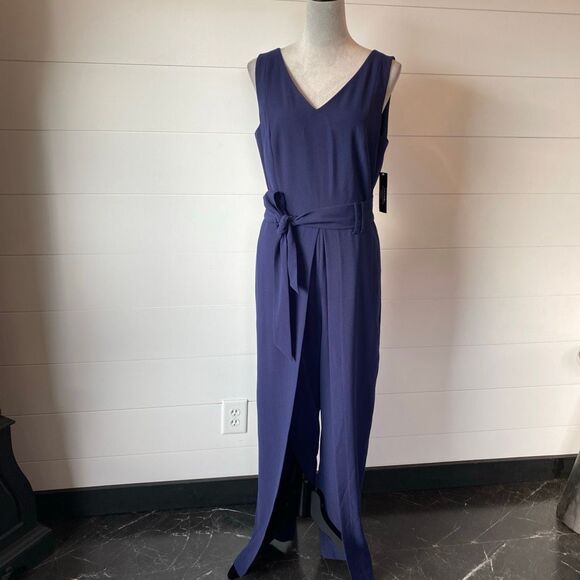 Tahari Womens Sleeveless Belted Split Leg Jumpsuit Solid Navy Size 10 - Picture 3 of 14
